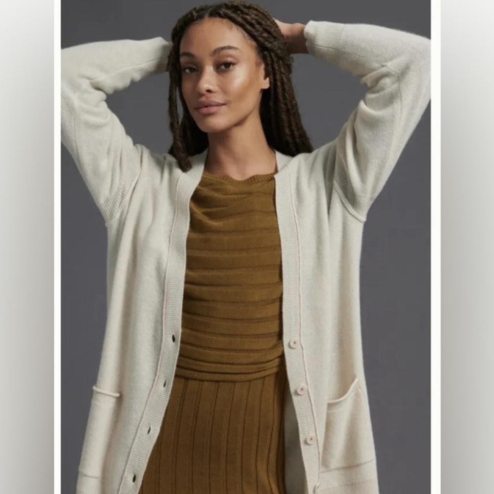 ROOTS | Wool Blend Beige Cardigan Sweater with Coral Accent Stitch